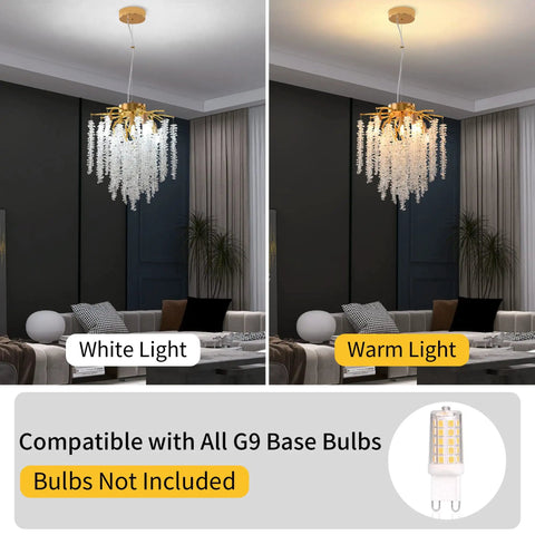 Gold Finish Crystal Tree Branch Chandelier With K9 Crystal Raindrop Pendants for living room ceiling, white and warm light showcased.