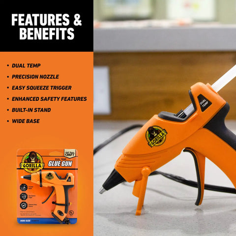 Close-up of Dual Temp Mini Hot Glue Gun with Precision Nozzle, Easy Squeeze Trigger, Built-In Safety Stand, DIY projects and repairs.