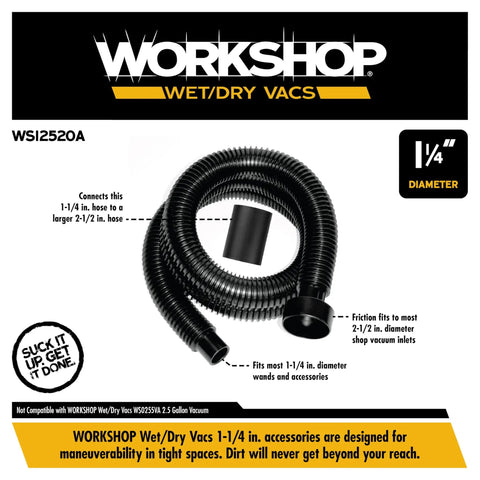Replacement One And A Quarter Inch Six Foot Friction Fit Vacuum Hose For Wet Dry Shop Vacuums Flexible Accessory Compatible With Most Two And A Half Inch Inlets For Easy Reach In Tight Spaces coiled view with compatibility details