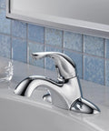 Chrome 3-Hole 4-Inch Kitchen Faucet with Diamond Seal Tech and InnoFlex PEX Supply Lines, mounted on white sink, bathroom setting