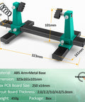 Green Adjustable PCB Holder Soldering Clamp For Circuit Board Helping Hand Tool with ABS arms and metal base dimensions shown
