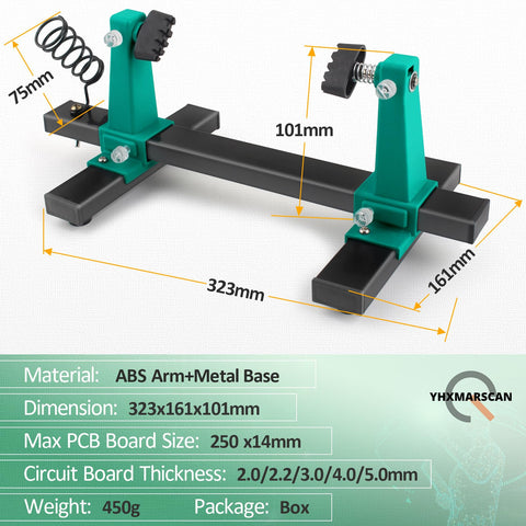 Green Adjustable PCB Holder Soldering Clamp For Circuit Board Helping Hand Tool with ABS arms and metal base dimensions shown