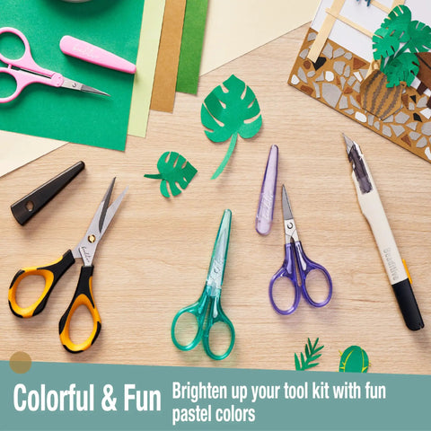 Curved And Straight Craft Scissors Set For Embroidery And Sewing, Multipurpose Stainless Steel With Protective Covers, Green And Purple Handles, Ideal For Paper Cutting, Detailing, And DIY Craft Projects, on wood table