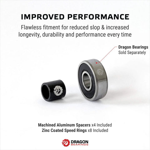 Image of machined aluminum spacers and zinc-coated speed rings from the Precision Aluminum Spacers And Speed Rings Kit For Skateboards And Longboards.