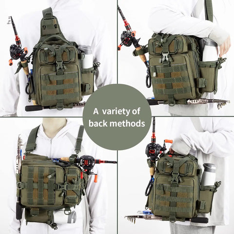 All Day Fishing Backpack With Water Resistant Tackle Bag Rod Holder And Multiway Carry Options in army green shown in various uses.