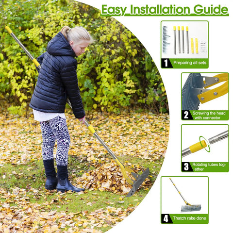 Person using 55 Inch Long Stainless Steel 2 In 1 Thatch Rake For Lawn to remove leaves, with installation guide in background.