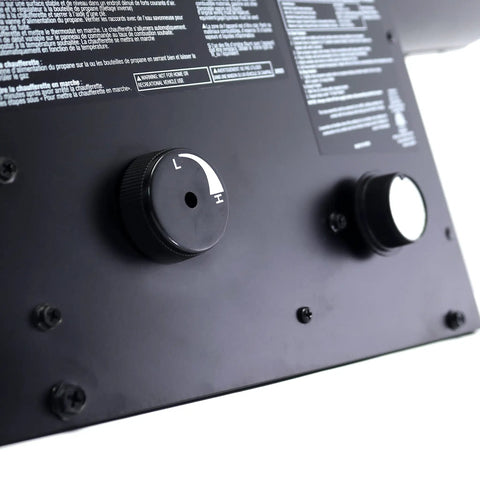 Close-up of controls on 170,000 BTU Propane Forced Air Heater With Quiet Burner Tech, Thermostat, and Automatic Ignition for Job Sites.