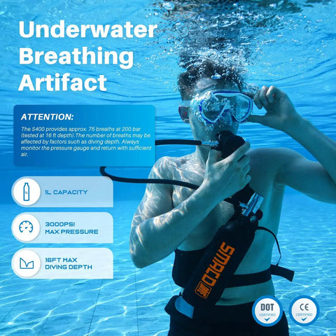 Diver using 1L Mini Scuba Tank Pony Bottle Portable Underwater Breathing Air Source for divers emergency backup tank S400 in pool