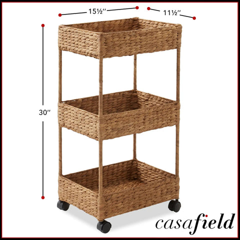 3-Tier Rolling Storage Cart Cinnamon Water Hyacinth Finish, 15.5x11.5x30 inches, on wheels, ideal for home organization.