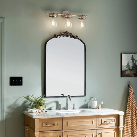 Brinley 24-Inch Three-Light Vanity Light In Brushed Nickel With Clear Glass Farmhouse Chic Bathroom Fixture Sits Above Mirror Modern Rustic Bath Lighting For Master Or Powder Room 24 W X 10 H above bathroom sink
