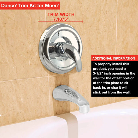 Universal Moen Shower Trim Kit For Single Handle Valves, brushed nickel finish mounted on bathroom wall