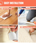 Installation steps for heavy duty double sided carpet tape for rugs and carpets, showing cleaning, applying, peeling, and pressing.