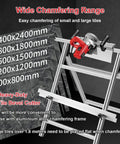 Heavy Duty Electric Tile Bevel Cutter with aluminum frame and tile sizes from 800mm to 2400mm displayed for precision chamfering.