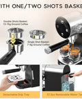 No Fuss Twenty Bar Semi Automatic Espresso Machine With Slick Touch Panel Controls and Solid Milk Frother Steam Wand features single and double shot baskets.