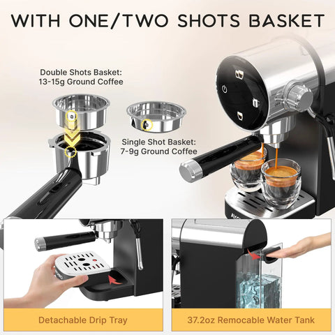 No Fuss Twenty Bar Semi Automatic Espresso Machine With Slick Touch Panel Controls and Solid Milk Frother Steam Wand features single and double shot baskets.
