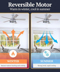 Diagram of Industrial 52 Inch Ceiling Fan With Light Kit For Indoor And Outdoor Spaces Pull Chain Control in winter and summer settings.