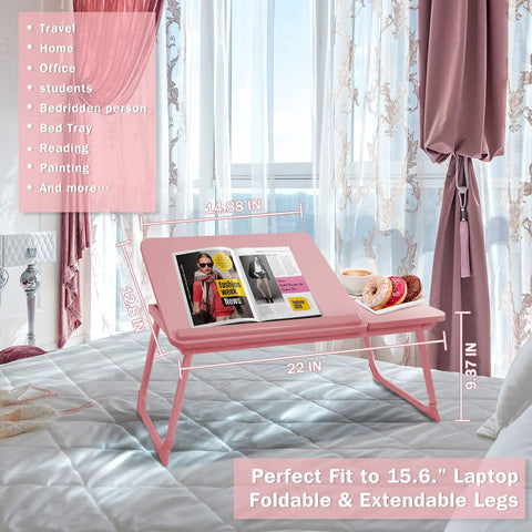 Multiuse Bed Lap Desk With Tilted Angles For Laptops Foldable Portable Bed Table displayed on bed with magazines and snacks, candy pink