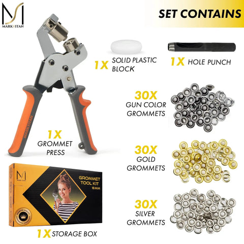 Pro Grade Grommet Tool Kit With Grommet Press, 90 Multicolor Grommets, Hole Punch And Plastic Block For Fabric Leather And Vinyl Reinforcement 3 8 Inch 10mm Size Handy Pro Set includes grommet plier and multicolor grommets.