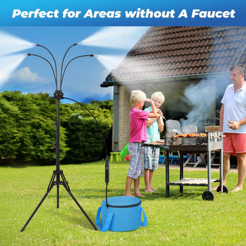 All In One Portable Misting Cooling System With Rechargeable USB Pump Or Faucet Connection 26 Ft Hose 4 Gallon 15L Water Bag in use outdoors