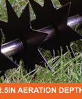 Walk Behind Lawn Aerator With Steel Weight Tray 16 Inch Wide Deep Aeration shows 7 inch spike wheels on grass