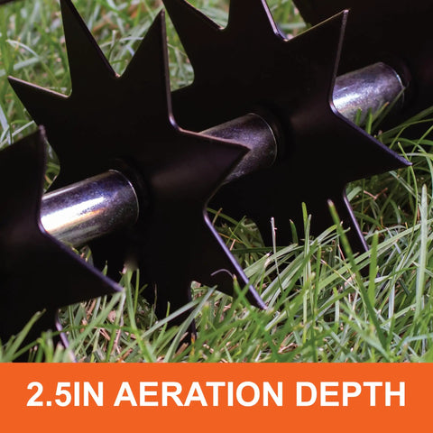 Walk Behind Lawn Aerator With Steel Weight Tray 16 Inch Wide Deep Aeration shows 7 inch spike wheels on grass