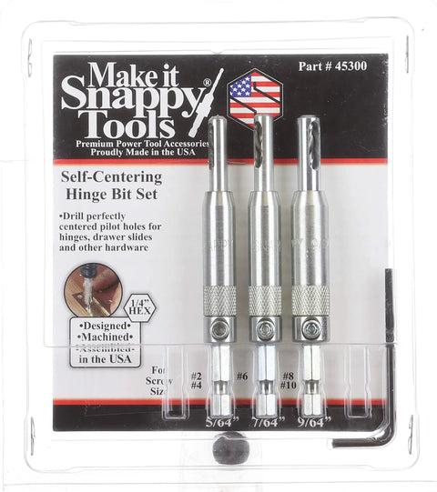 Three Piece Self Centering Hinge Drill Bit Set With 5/64 Inch, 7/64 Inch And 9/64 Inch Bits, Includes 1/8 Inch Hex Key Drive Shank And 1/4 Inch Hex Power Bit Shank, Fast Swap Quick Change, Made In USA