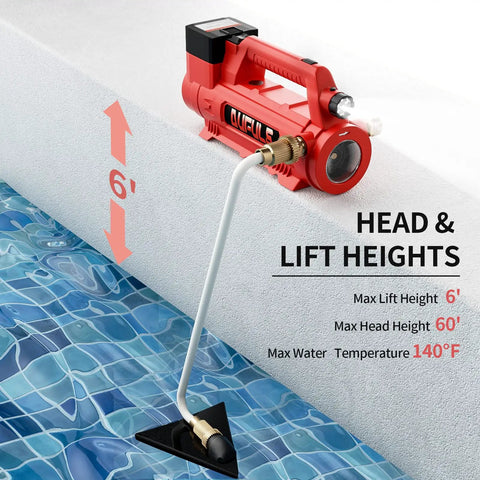Cordless 21V Water Transfer Pump Handy Battery Powered Hybrid Workhorse Pump For Garden And RV, 430 GPH Performance, displayed by a pool edge showing 6 ft lift height, with suction filter visible