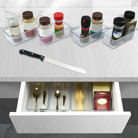 Clear Drawer Organizer Set Of 4 Pieces For Office, Home, Kitchen And Makeup Storage, Grab And Go Crystal Clear Plastic Modular Box Trays For Junk Drawers, Easy To See And Use, Each Measures 6.25 X 3.13 X 2.13 Inches shown with kitchen utensils and spices.
