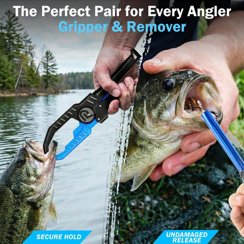 Angler using fish gripper and remover tool by a lake, demonstrating secure hold and release on a caught fish.