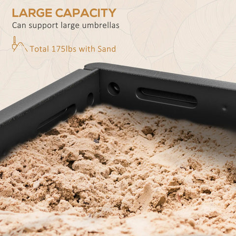 Corner of Three In One Outdoor Umbrella Base, Coffee End Table, And Planter Box With Drain Hole, showing sand, black material, 175 lbs capacity