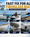 Heavy Duty White Fiberglass Boat Repair Kit With Tough As Nails Gel Coat Paste To Patch Pits Cracks Gouges On Jet Skis Kayaks And Any Marine Rig Fast Cure, showcasing various watercraft types.