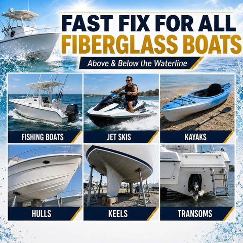 Heavy Duty White Fiberglass Boat Repair Kit With Tough As Nails Gel Coat Paste To Patch Pits Cracks Gouges On Jet Skis Kayaks And Any Marine Rig Fast Cure, showcasing various watercraft types.