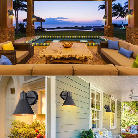 Two Pack Outdoor Wall Sconces With Hammered Metal Shade And Gold Interior, Anti Rust Waterproof Black Exterior Barn Lights For Porch