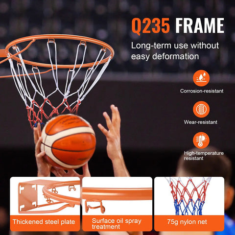 18 Inch Wall Mounted Basketball Rim With Net And Double Spring, Heavy Duty Q235 Steel Replacement Hoop For Indoor And Outdoor Play