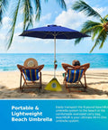 All-In-One Beach Umbrella System With Ultra Base Deep Ocean Blue Seven Point Five Foot Canopy on sandy beach