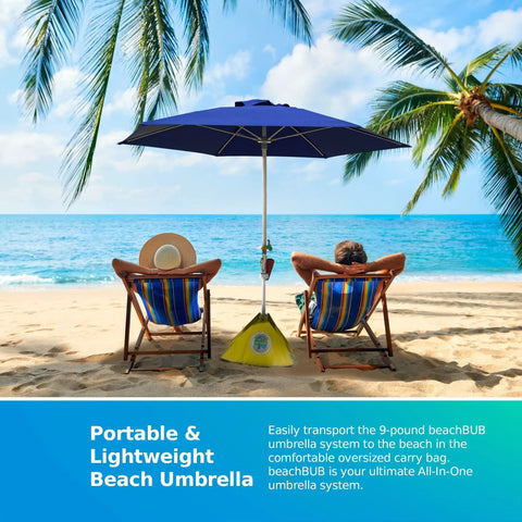 All-In-One Beach Umbrella System With Ultra Base Deep Ocean Blue Seven Point Five Foot Canopy on sandy beach
