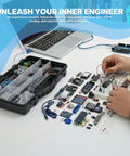 Hands assembling circuit with All-In-One Arduino Starter Kit For Robotics And IoT, electronic parts with organizer next to laptop