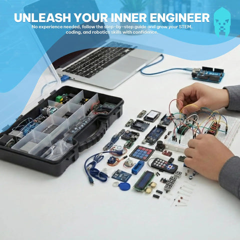 Hands assembling circuit with All-In-One Arduino Starter Kit For Robotics And IoT, electronic parts with organizer next to laptop