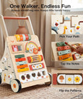 Totally Awesome Wooden Baby Walker And Activity Center With A Pretty Sweet 10 In 1 Sensory Play Console and Built In Tunes for Kickstarting First Steps with colorful interactive features.