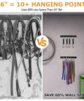 Comparison of space used by traditional hooks vs. 2 Pack Aluminum Tie Down Hanger Wall Mount Organizer showing savings