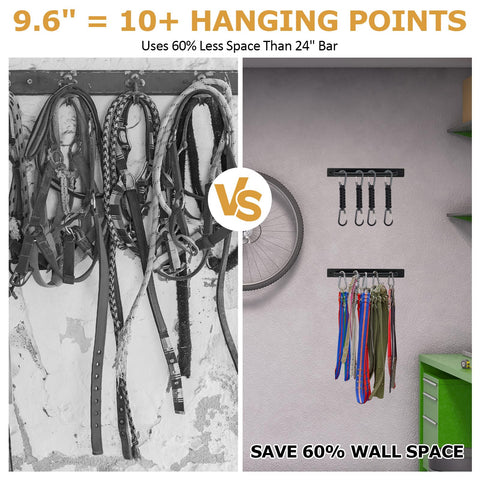 Comparison of space used by traditional hooks vs. 2 Pack Aluminum Tie Down Hanger Wall Mount Organizer showing savings