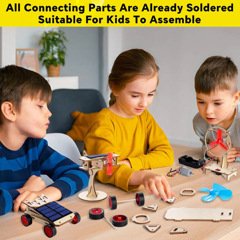 Children assembling Four In One Solar Power And Engineering STEM Kit with solar car and wind-powered model