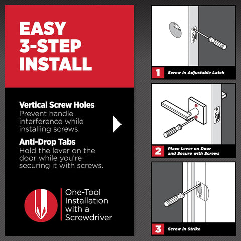 Easy 3-step install guide for Interior Passage Door Lever For Closets And Hallways, Reversible Non-Locking Handle, Matte Black With Microban Protection.