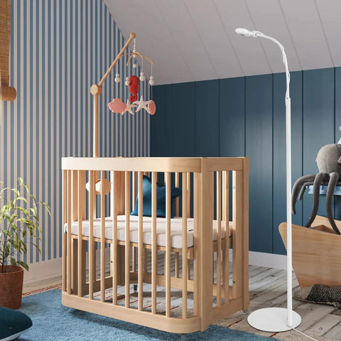 Floor Stand For Nanit Pro Baby Monitor With Gooseneck Swivel Holder in a nursery, next to a crib, adjustable height, stable base.