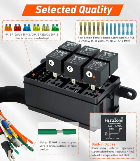 Beefy 6 Way Waterproof Fuse Relay Box With Built In Diodes Pre Wired 12 AWG Harness Includes Relays And Terminals ATC/ATO Fuses
