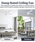 Auletta 52 Inch Outdoor And Indoor Ceiling Fan With Light Pull Chain Dual Mounting Options Slick Dual Finish Blades Reversible Motor White Finish Integrated Light Kit Damp Rated For Outdoor Use Whisper Quiet shown in bedroom and patio settings.