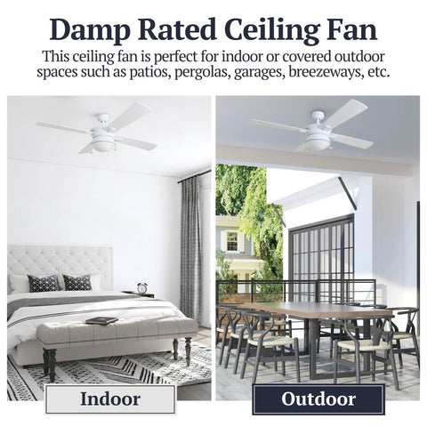 Auletta 52 Inch Outdoor And Indoor Ceiling Fan With Light Pull Chain Dual Mounting Options Slick Dual Finish Blades Reversible Motor White Finish Integrated Light Kit Damp Rated For Outdoor Use Whisper Quiet shown in bedroom and patio settings.