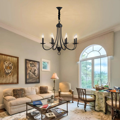 8-Light Black Chandeliers For Dining Room And Kitchen, Vintage Farmhouse Candle Chandelier in elegant living room setting