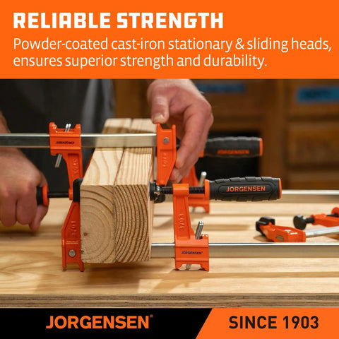 Front view of Jorgensen orange steel bar clamps securing a wooden block; 6- and 12-inch sizes, 4-pack.