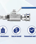 3/8 inch quick-connect valve kit high pressure, 5000 PSI, stainless steel ball valve with blue handle, leak resistance, easy installation.